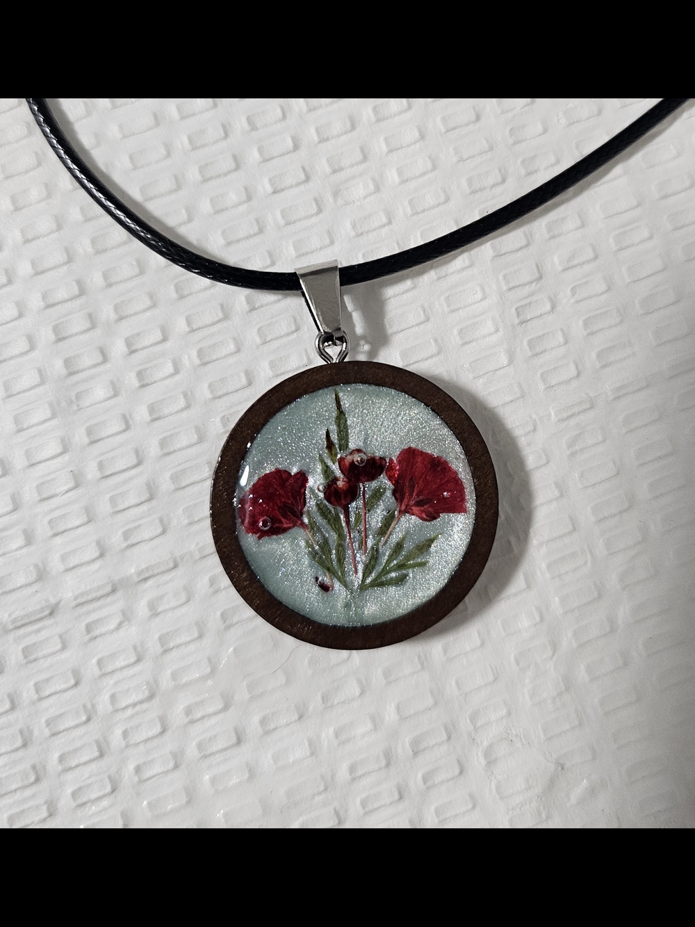 Handmade Floral Resin Pendant Necklace in Red and Mint